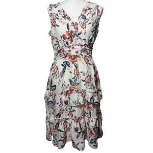 Lucky Brand Floral Tiered Midi Dress 8 White Red Navy Blue Excellent Boho Ruffle